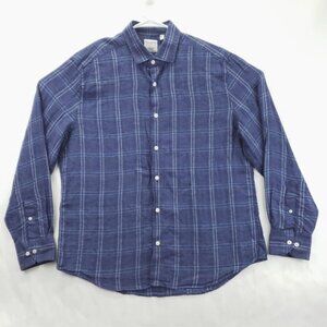 Murano Baird McNutt Linen Shirt Mens Large Blue Plaid Linen Slim Fit Button-Up